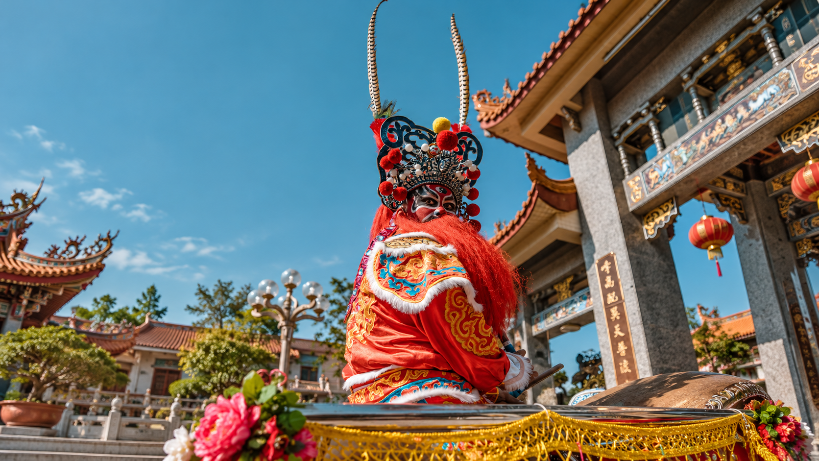 传统戏服表演者与庙宇庭院